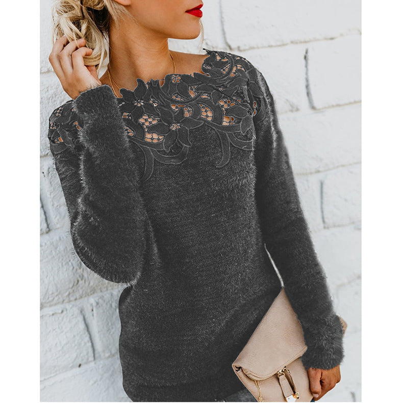 Solid Color Patchwork Lace Long-sleeved Sweater