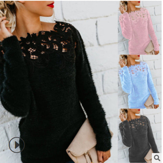 Solid Color Patchwork Lace Long-sleeved Sweater