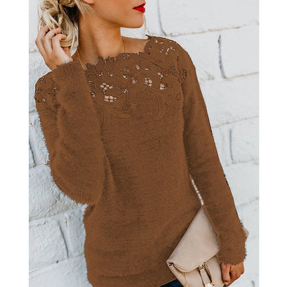 Solid Color Patchwork Lace Long-sleeved Sweater