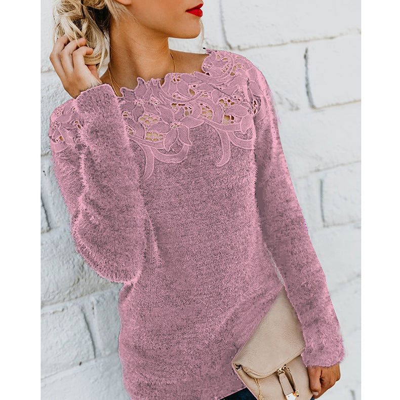 Solid Color Patchwork Lace Long-sleeved Sweater