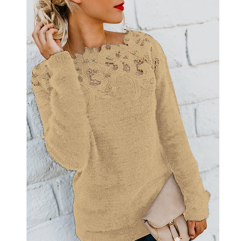 Solid Color Patchwork Lace Long-sleeved Sweater