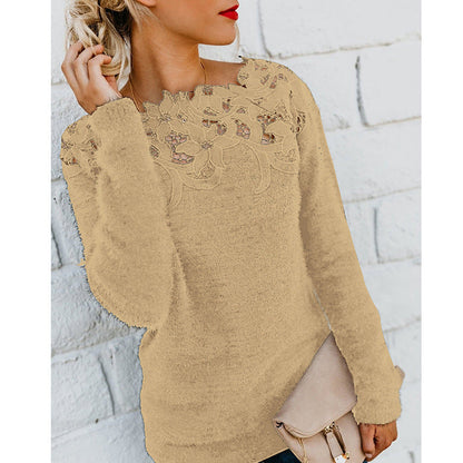 Solid Color Patchwork Lace Long-sleeved Sweater