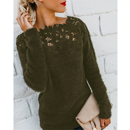 Solid Color Patchwork Lace Long-sleeved Sweater