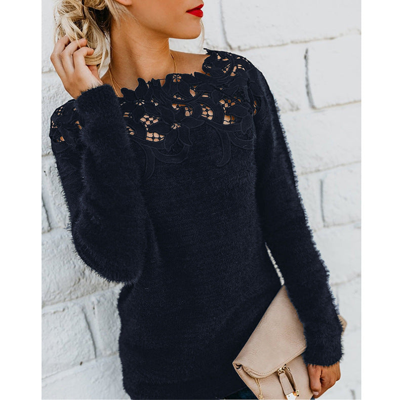 Solid Color Patchwork Lace Long-sleeved Sweater