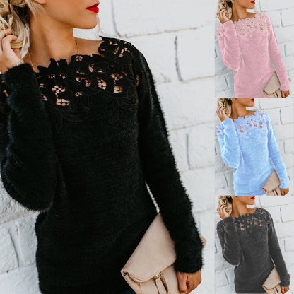 Women's Solid Color Stitching Lace Long Sleeve Sweater