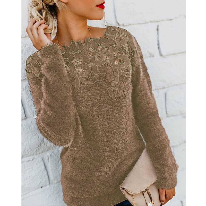 Women's Solid Color Stitching Lace Long Sleeve Sweater