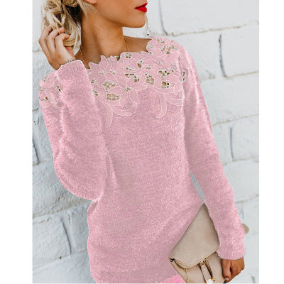 Women's Solid Color Stitching Lace Long Sleeve Sweater