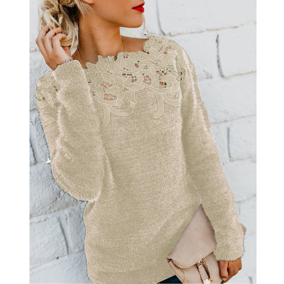 Women's Solid Color Stitching Lace Long Sleeve Sweater