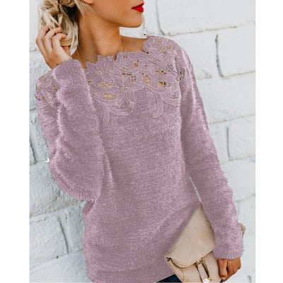 Women's Solid Color Stitching Lace Long Sleeve Sweater