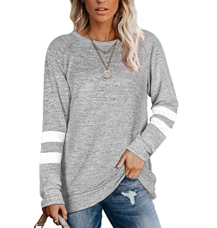 Ladies Long Sleeve Patchwork Crewneck Casual Print T-Shirt