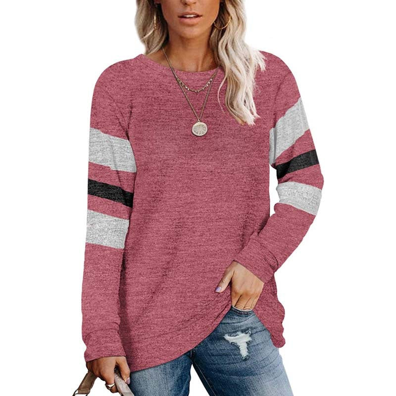 Ladies Long Sleeve Patchwork Crewneck Casual Print T-Shirt