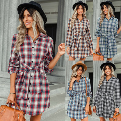 2022 Single Breasted Fashion Plaid Waist Dress