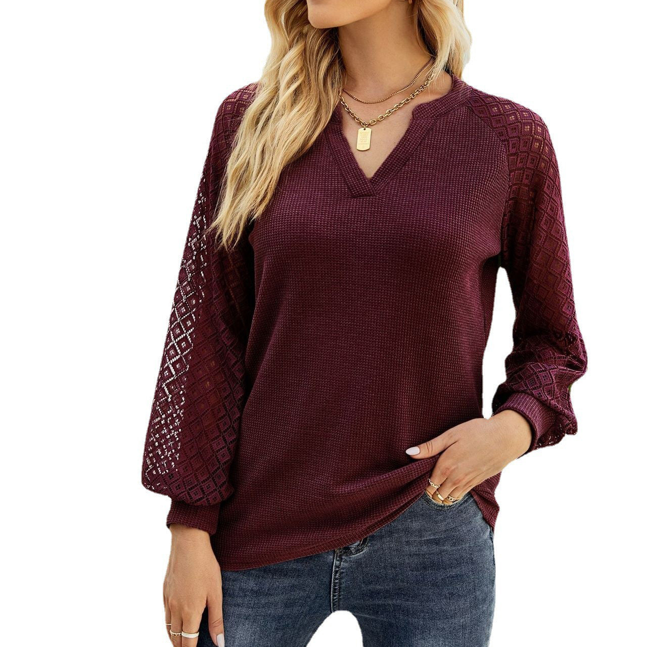 2022 New Waffle Grace Patchwork Long Sleeve V-Neck T-Shirt