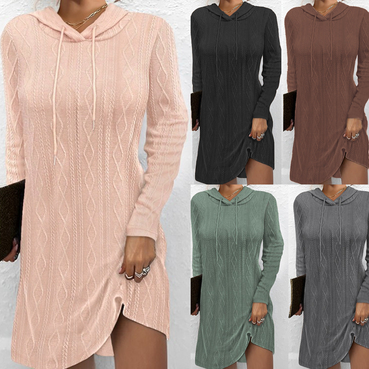 2023 New Solid Color Long-sleeved Hooded Pullover Knitted Dress