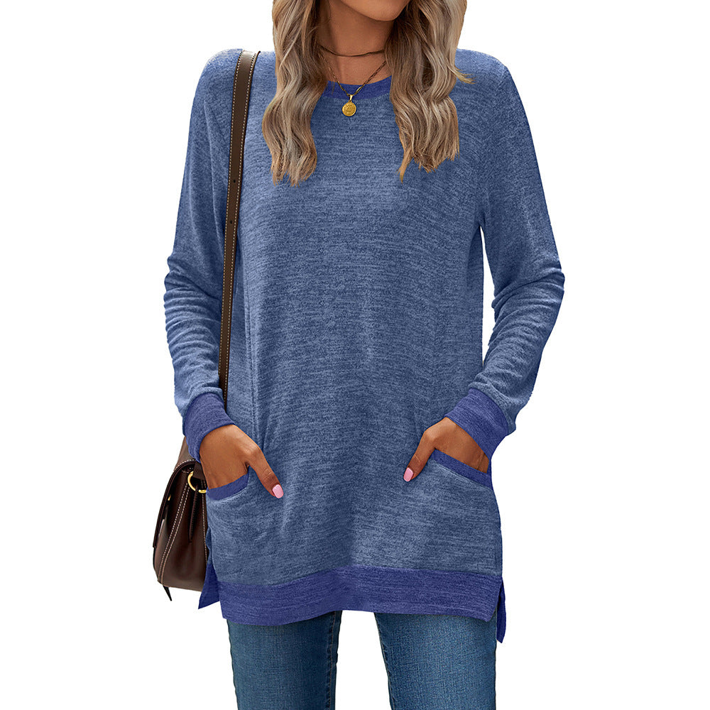 Crew Neck Colorblock Pocket Long Sleeve Loose Casual T-Shirt