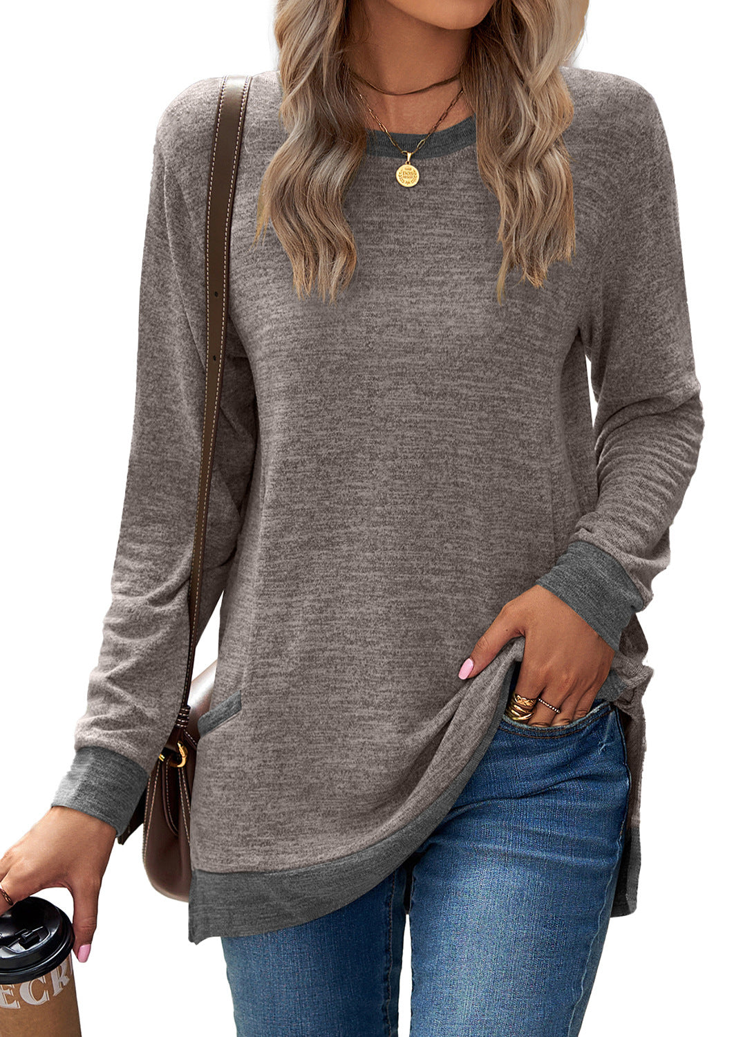 Crew Neck Colorblock Pocket Long Sleeve Loose Casual T-Shirt