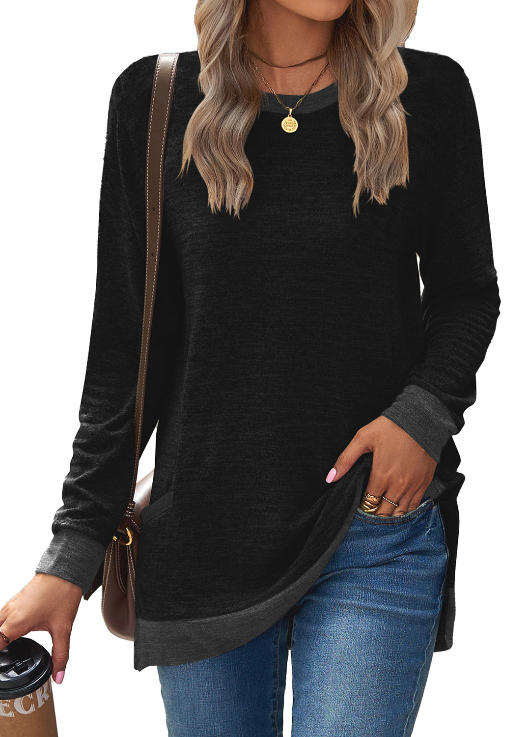 Crew Neck Colorblock Pocket Long Sleeve Loose Casual T-Shirt