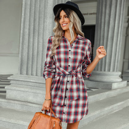 2022 Single Breasted Fashion Plaid Waist Dress