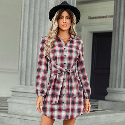 2022 Single Breasted Fashion Plaid Waist Dress