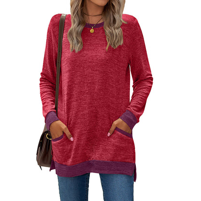 Crew Neck Colorblock Pocket Long Sleeve Loose Casual T-Shirt