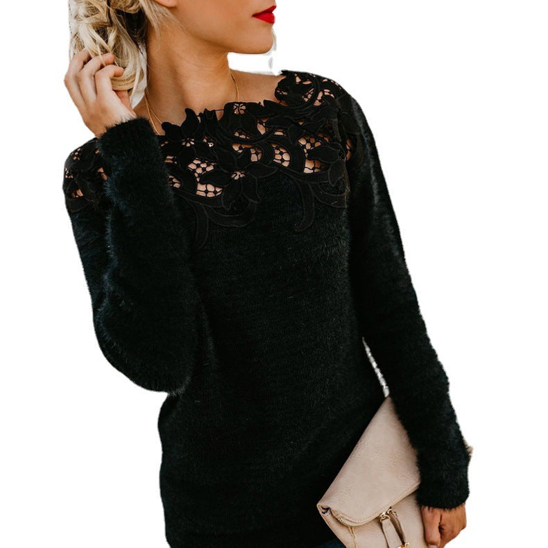 Solid Color Patchwork Lace Long-sleeved Sweater