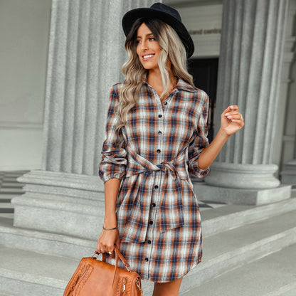 2022 Single Breasted Fashion Plaid Waist Dress