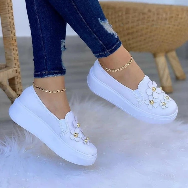 Large Size Casual Flower Wear-resistant Low-top White Shoes