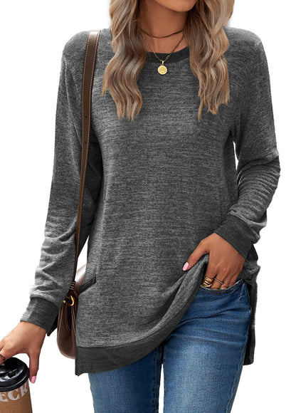 Crew Neck Colorblock Pocket Long Sleeve Loose Casual T-Shirt