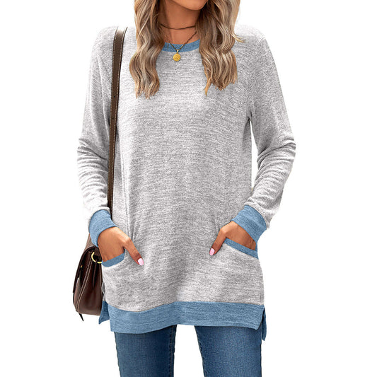 Crew Neck Colorblock Pocket Long Sleeve Loose Casual T-Shirt