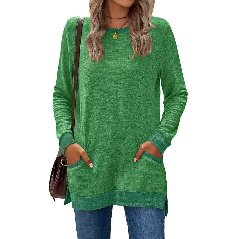 Crew Neck Colorblock Pocket Long Sleeve Loose Casual T-Shirt