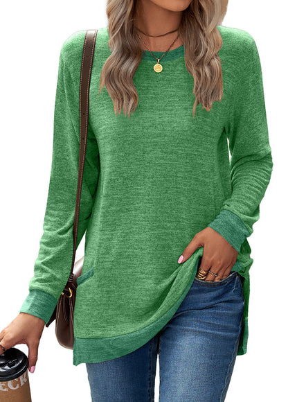 Crew Neck Colorblock Pocket Long Sleeve Loose Casual T-Shirt